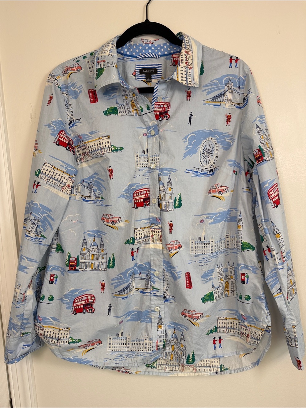 Talbots London Landmark Print Button-Down Shirt L Blue 100% Cotton Novelty